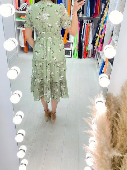 Alani Sage Chiffon Flower Stem Midi Dress