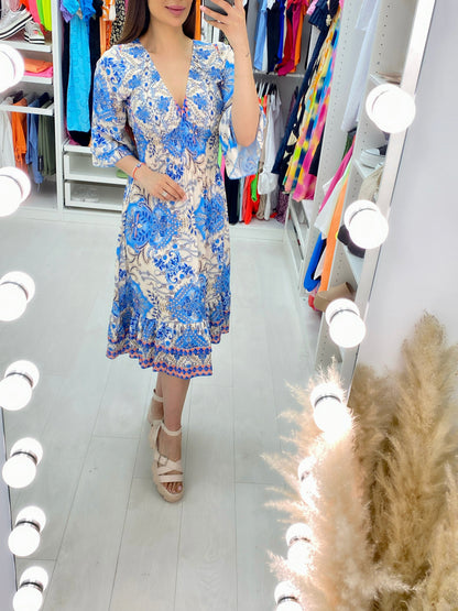 Kove Blue Paisley Print Ruffle Hem Midi Dress