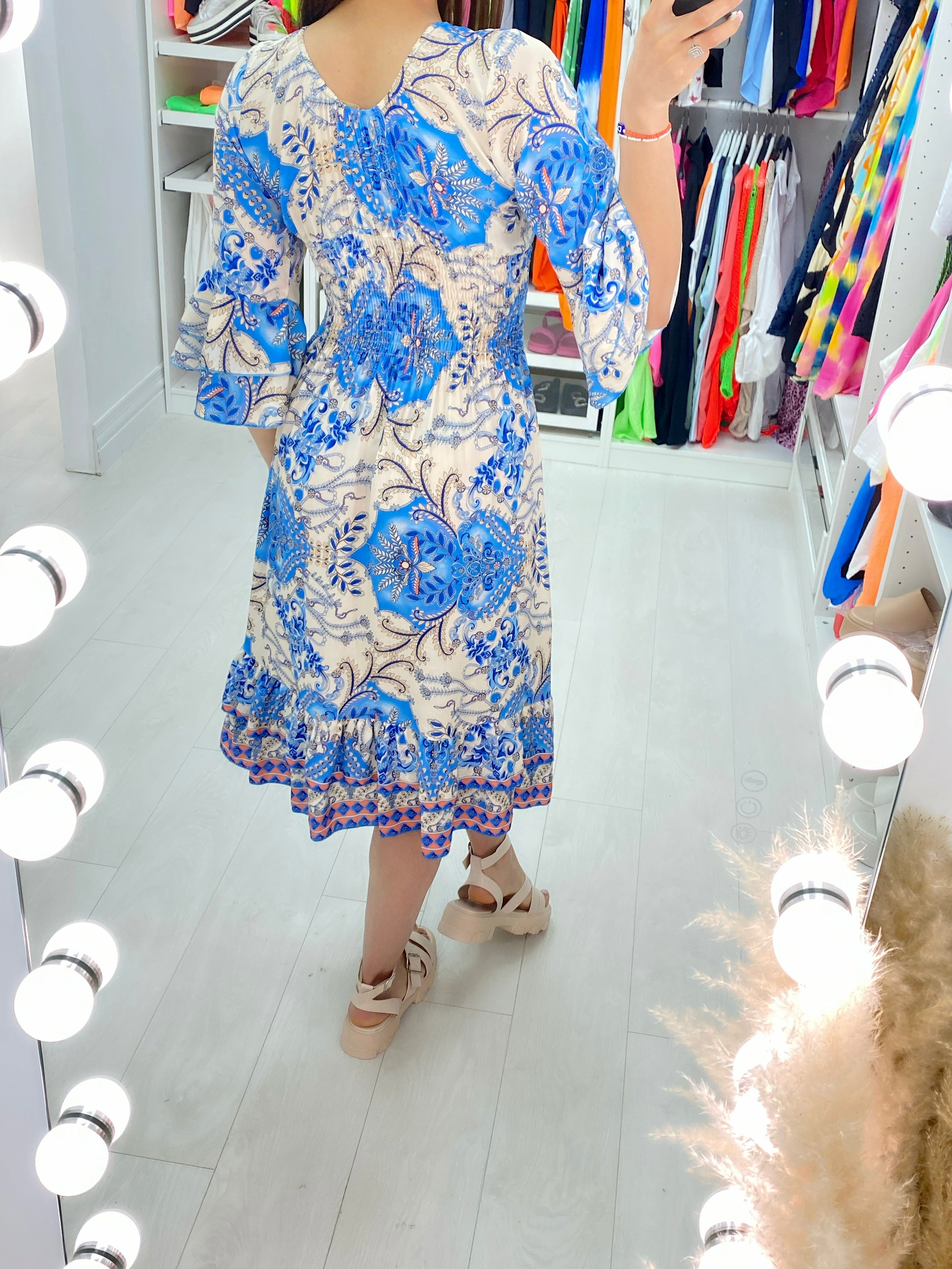 Kove Blue Paisley Print Ruffle Hem Midi Dress