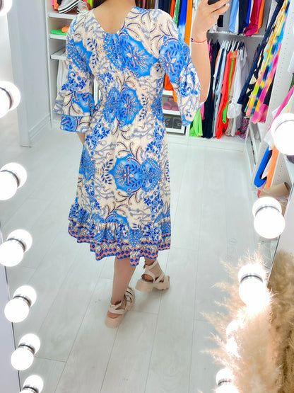 Kove Blue Paisley Print Ruffle Hem Midi Dress