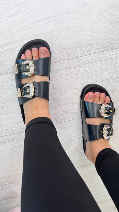 Sangria Gem Double Buckle Sliders