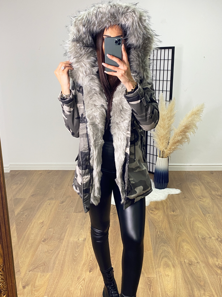 Grey camo fur clearance coat