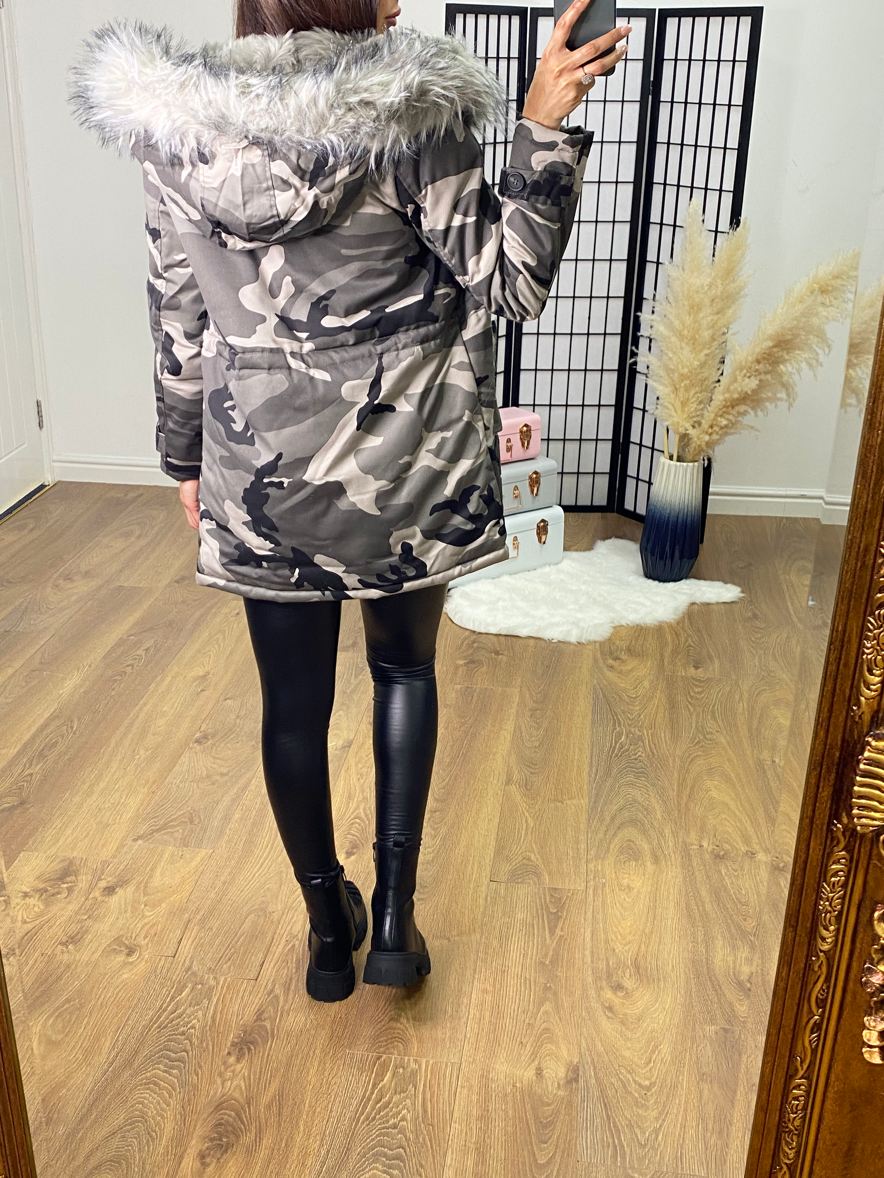 Grey camo fur coat outlet