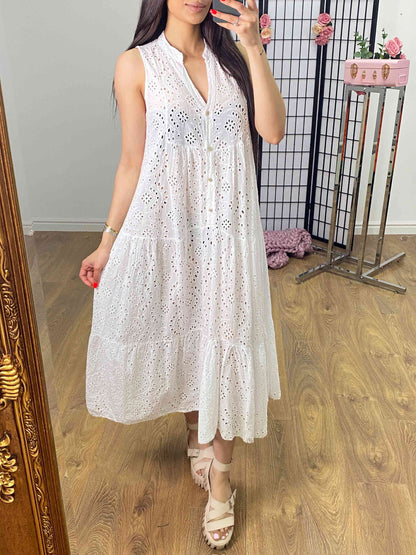 Nessie Sleeveless Broderie Tiered Hem Smock Maxi Dress