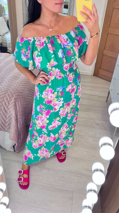 Belissini Floral Print Bardot Frill Maxi Dress