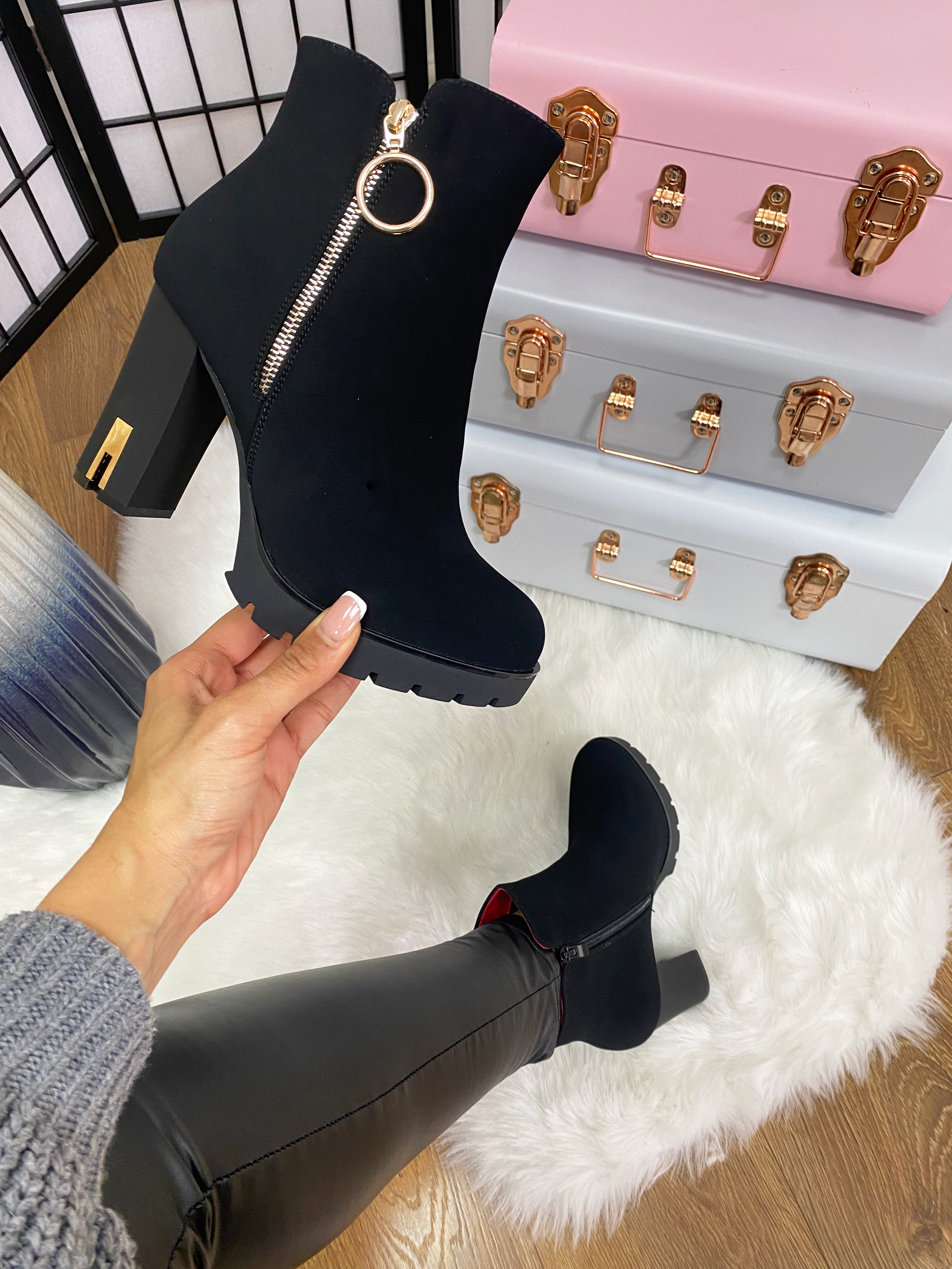 Bliss Black Faux Suede Block Heel Boots