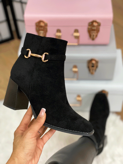 Leandra Black Faux Suede Chain Detail Heeled Boots