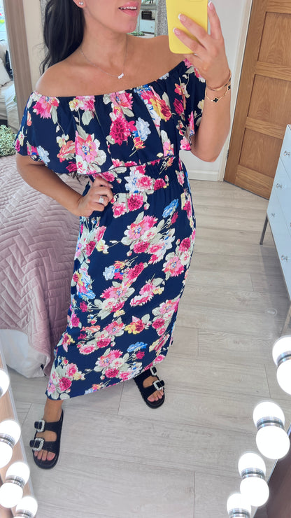 Belissini Floral Print Bardot Frill Maxi Dress