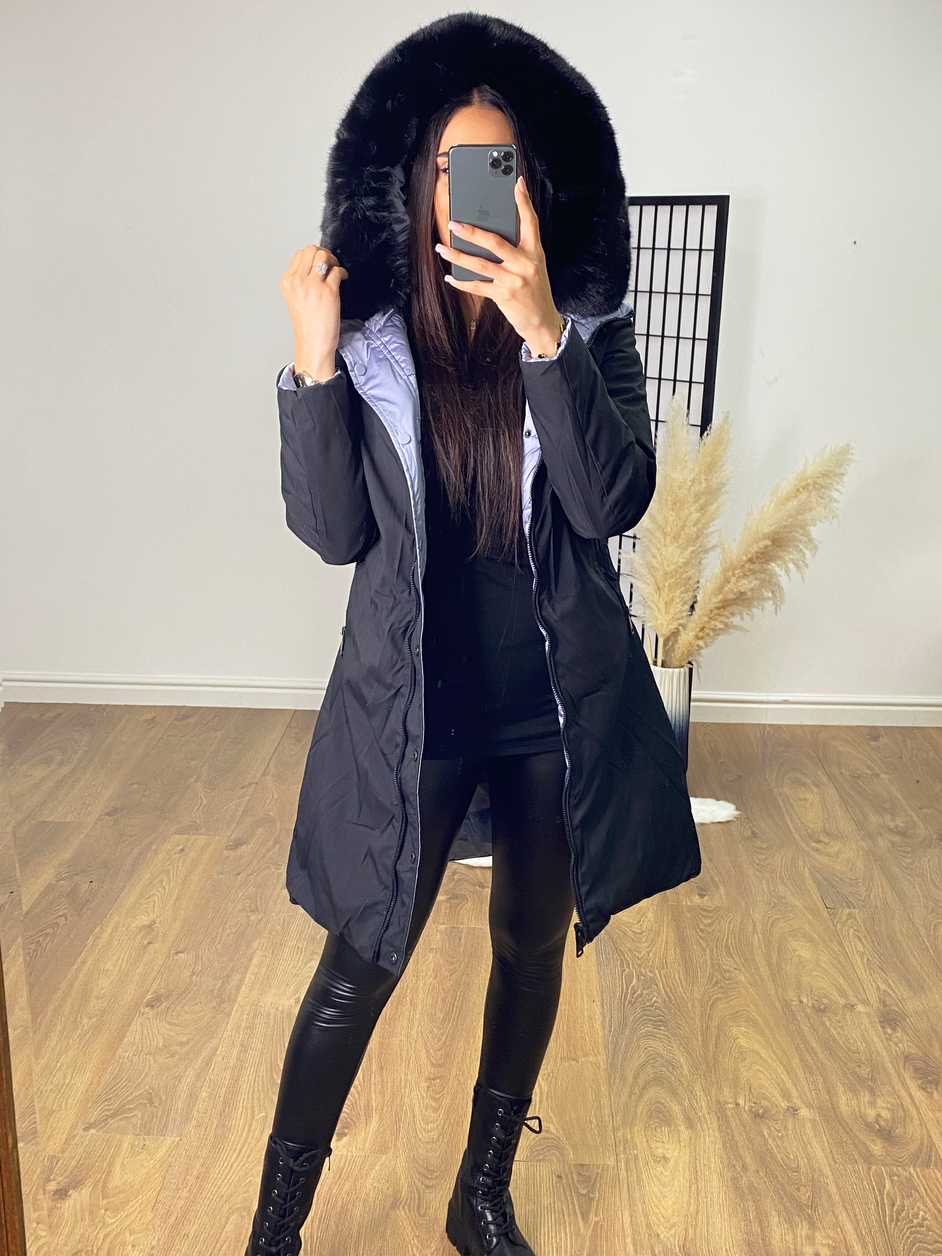 Twilight Reversible Metallic Blue/Black Hooded Coat