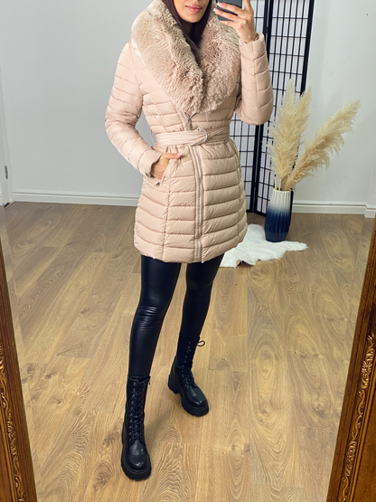 Dez Beige Faux Fur Collar Belted Coat