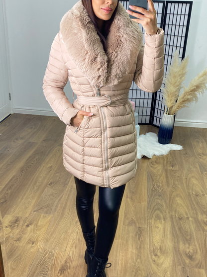 Dez Beige Faux Fur Collar Belted Coat