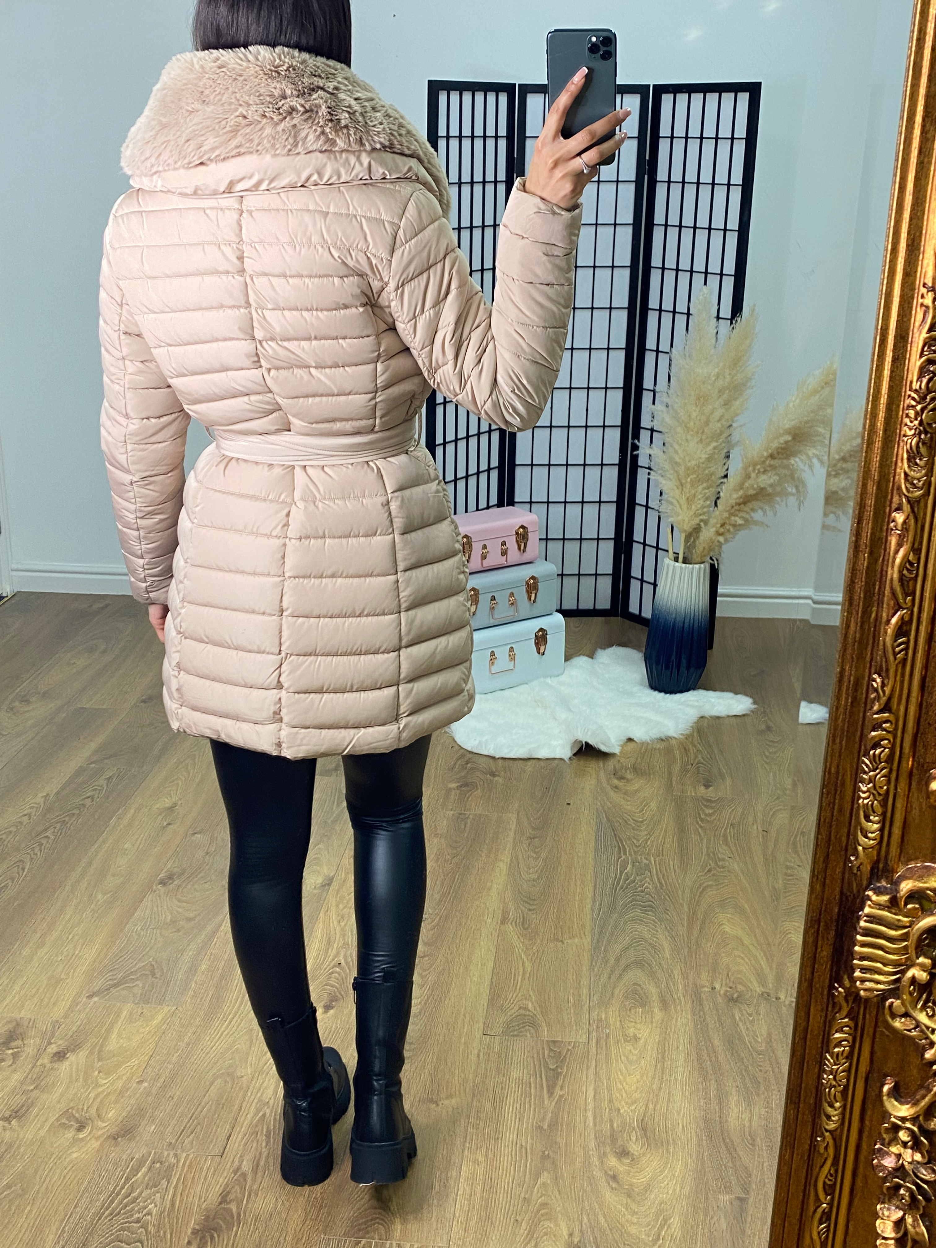 Dez Beige Faux Fur Collar Belted Coat