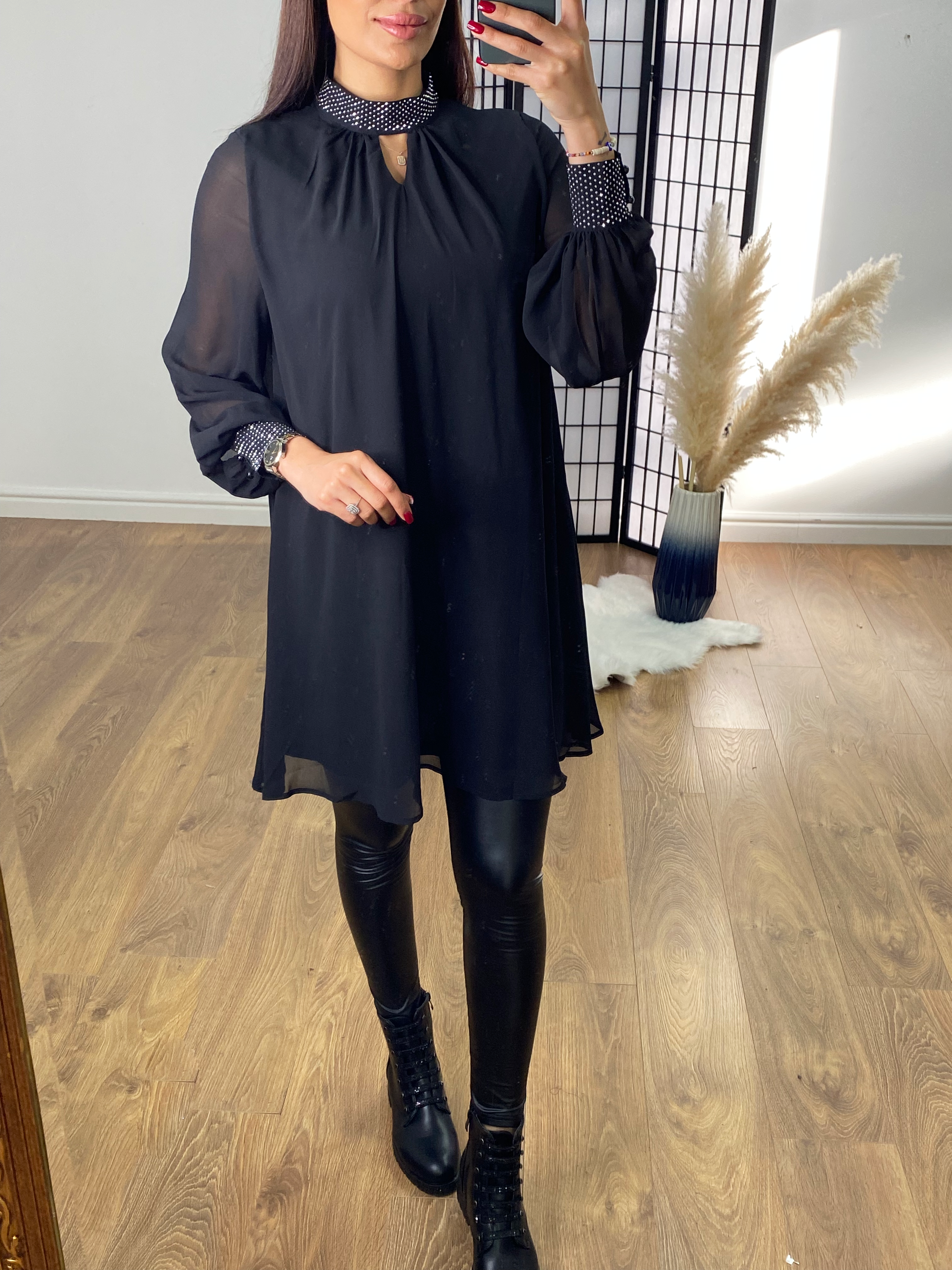 Nola Black Sparkle High Neck Sheer Sleeve Dress