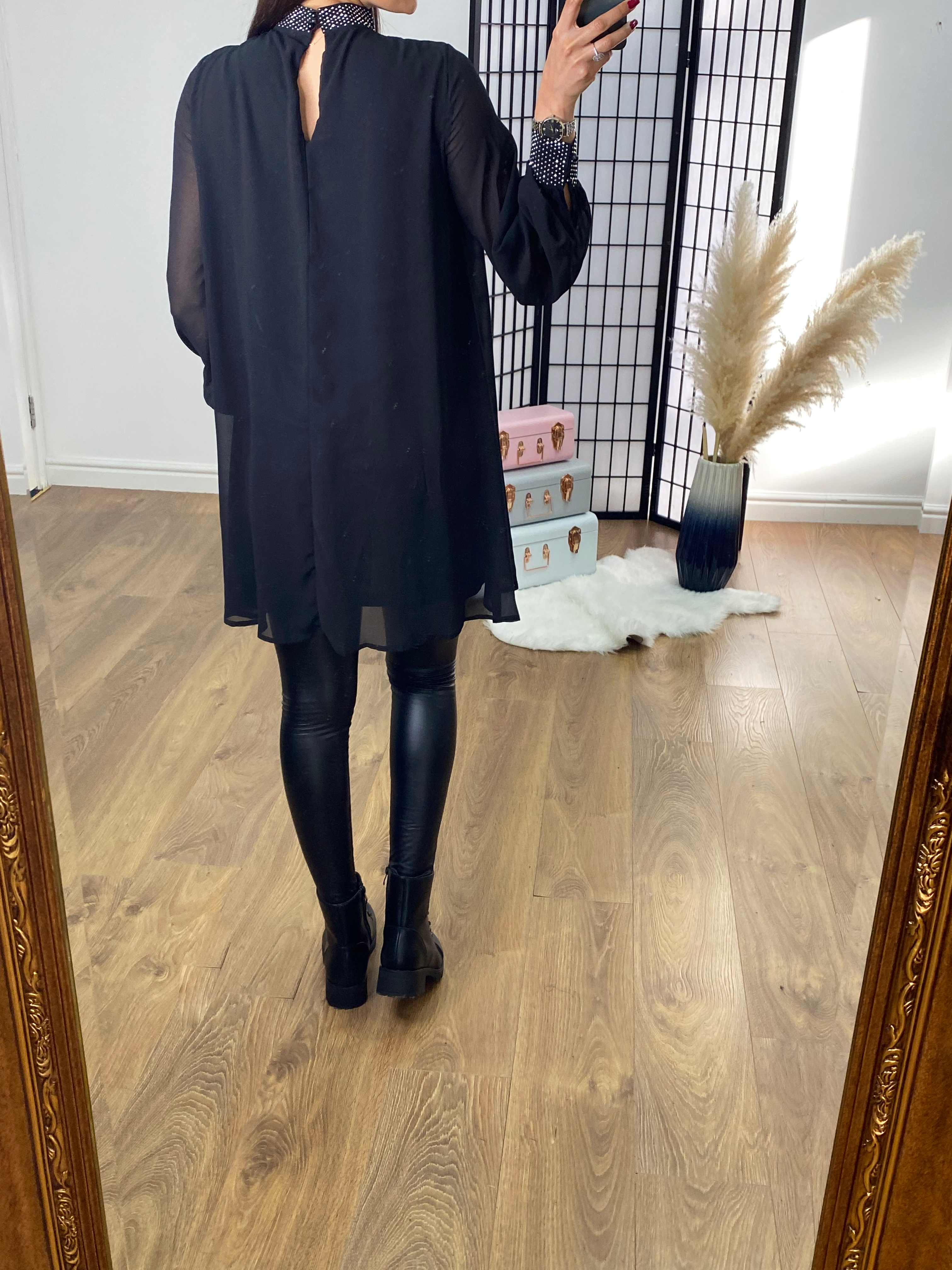 Nola Black Sparkle High Neck Sheer Sleeve Dress