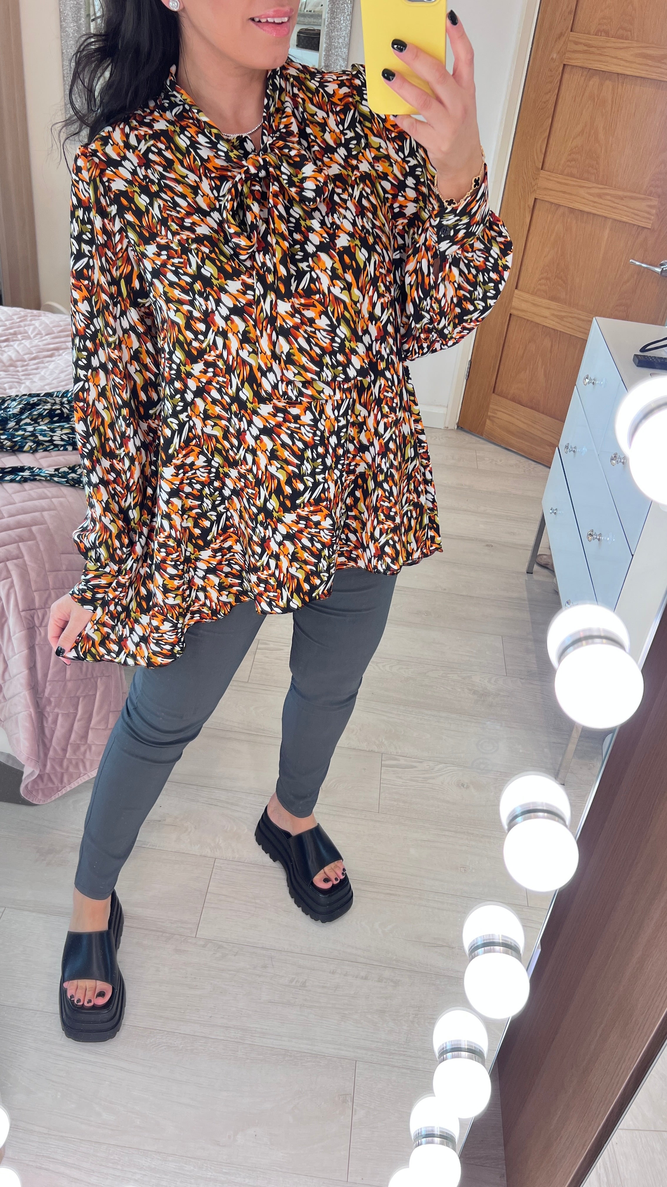 Kerry Abstract Print Pussy Bow Long Blouse