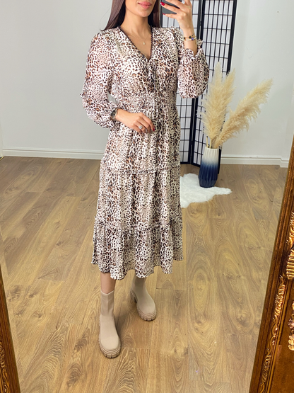 Lyrah Leopard Print Lace Front Tiered Hem Dress