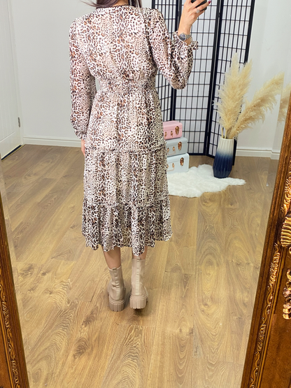 Lyrah Leopard Print Lace Front Tiered Hem Dress