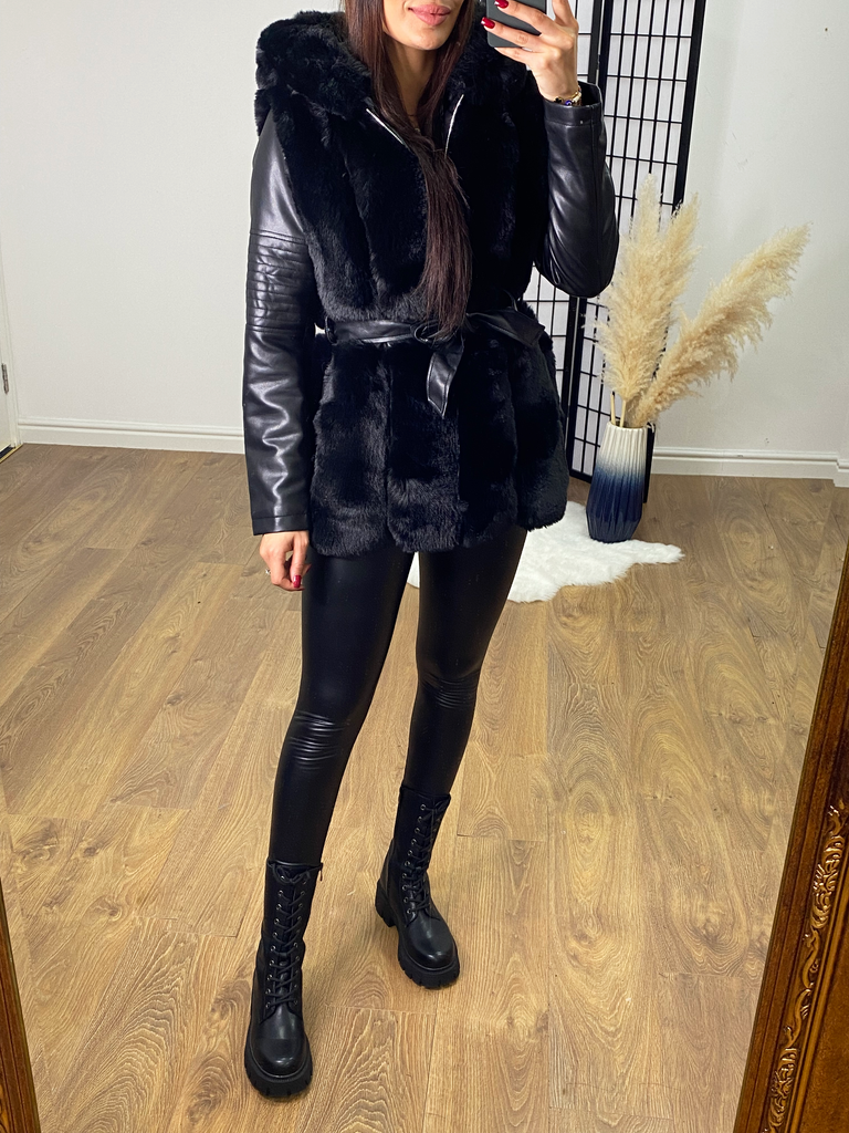 Lawton Black Faux Fur Panel Biker Jacket