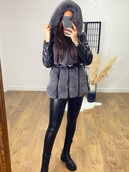 Lawton Grey Faux Fur Panel Biker Jacket