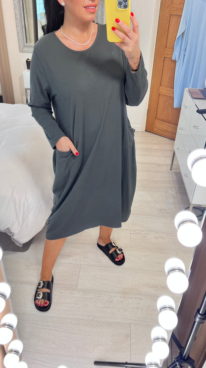 Sabine Plain Pocket Sweatshirt Style Midi Dress