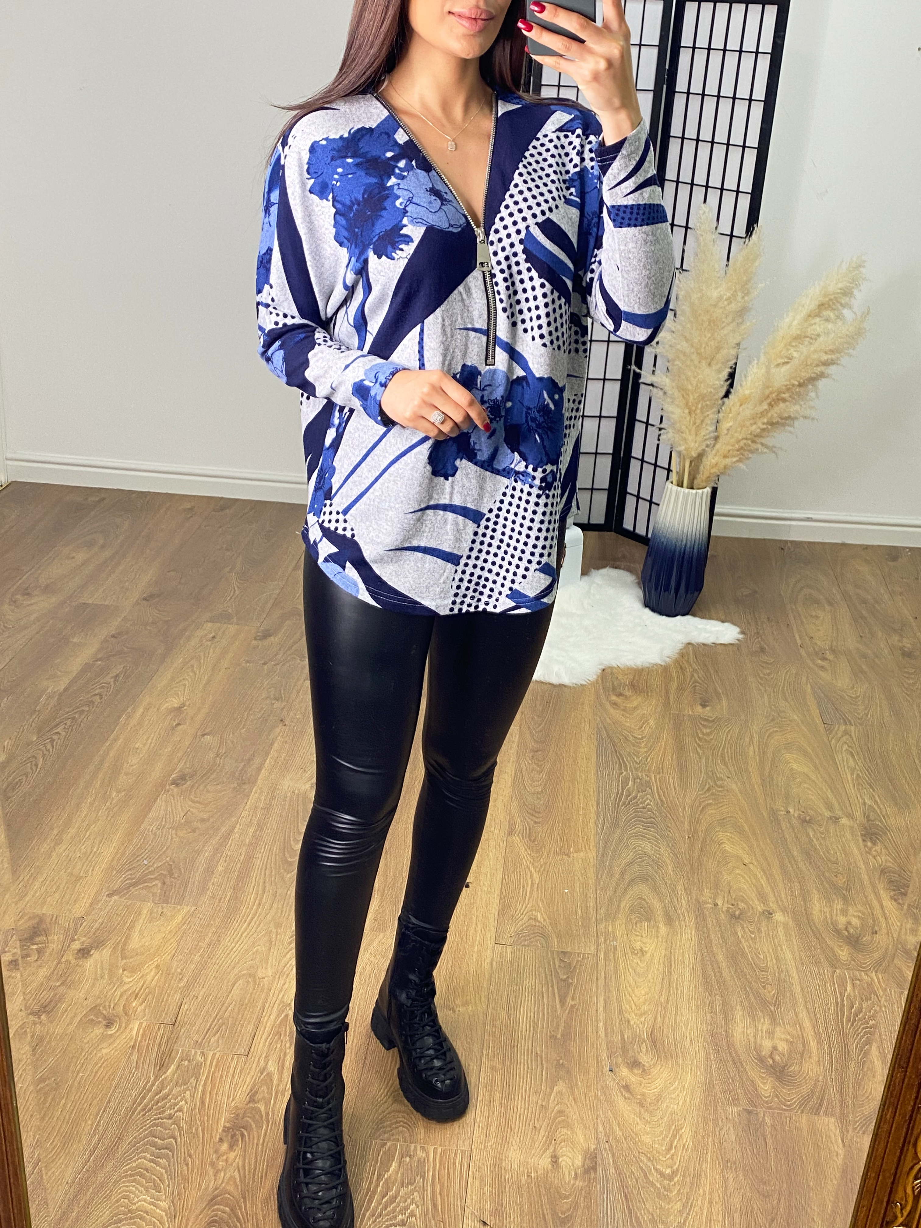 Ersa Super Soft Floral Blue Detailed Zip Knit Jumper