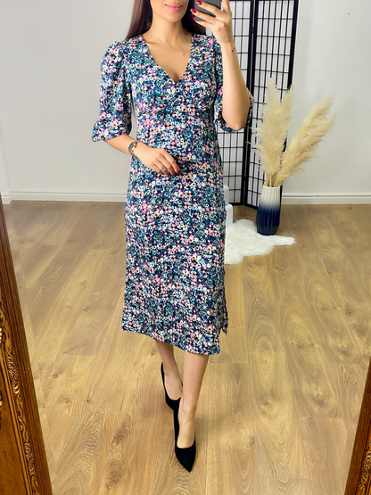 Sawyer Multi Colour Floral Print V Neck Midi Dress