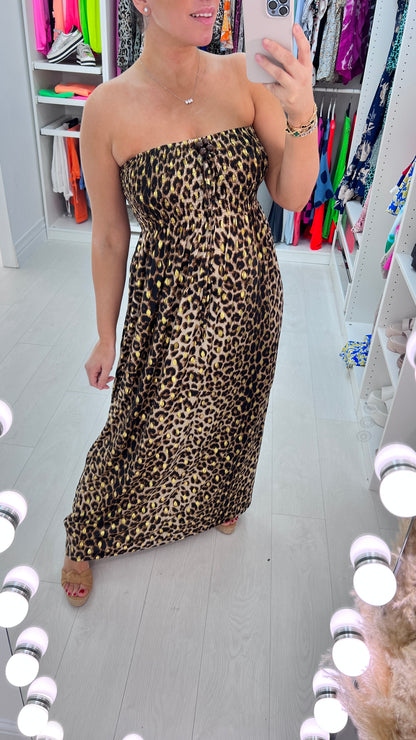 Bergamo Tan Leopard Print Elasticated Bust Maxi Dress