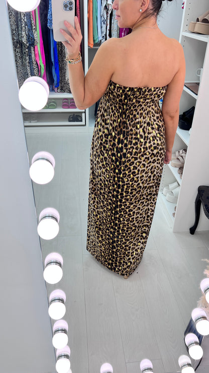 Bergamo Tan Leopard Print Elasticated Bust Maxi Dress