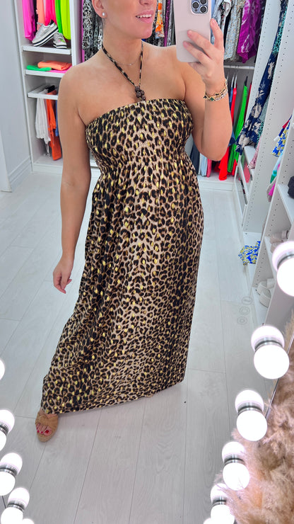 Bergamo Tan Leopard Print Elasticated Bust Maxi Dress