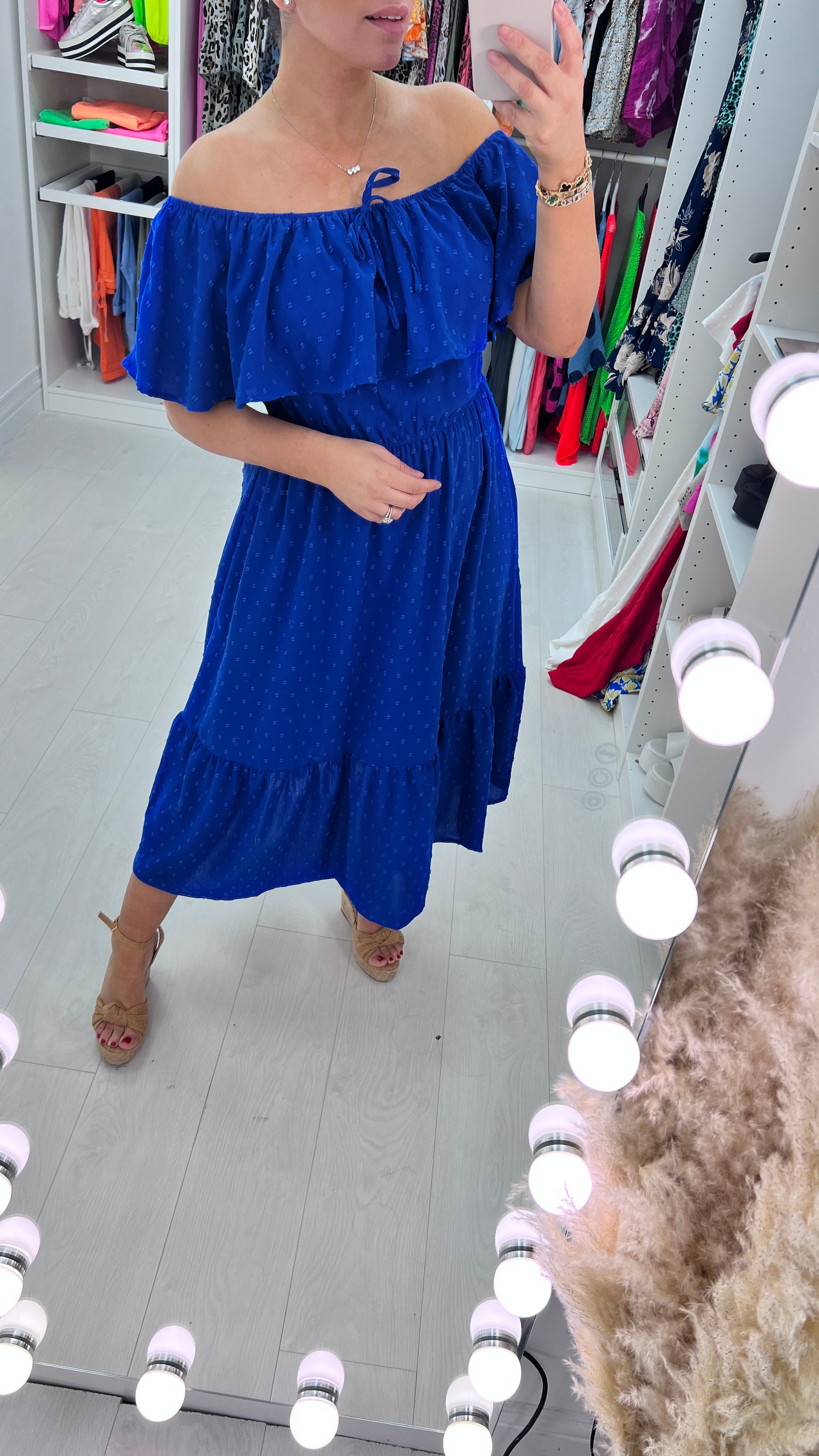 Danita Dobby Ruffle Bardot  Midi Dress