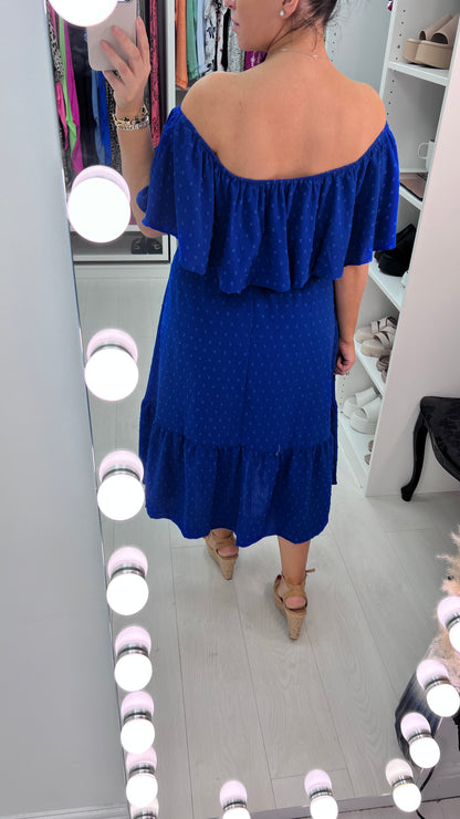 Danita Dobby Ruffle Bardot  Midi Dress