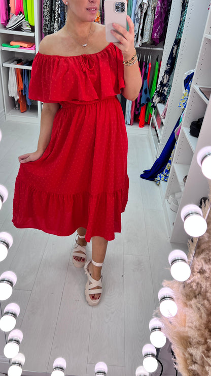 Danita Dobby Ruffle Bardot  Midi Dress