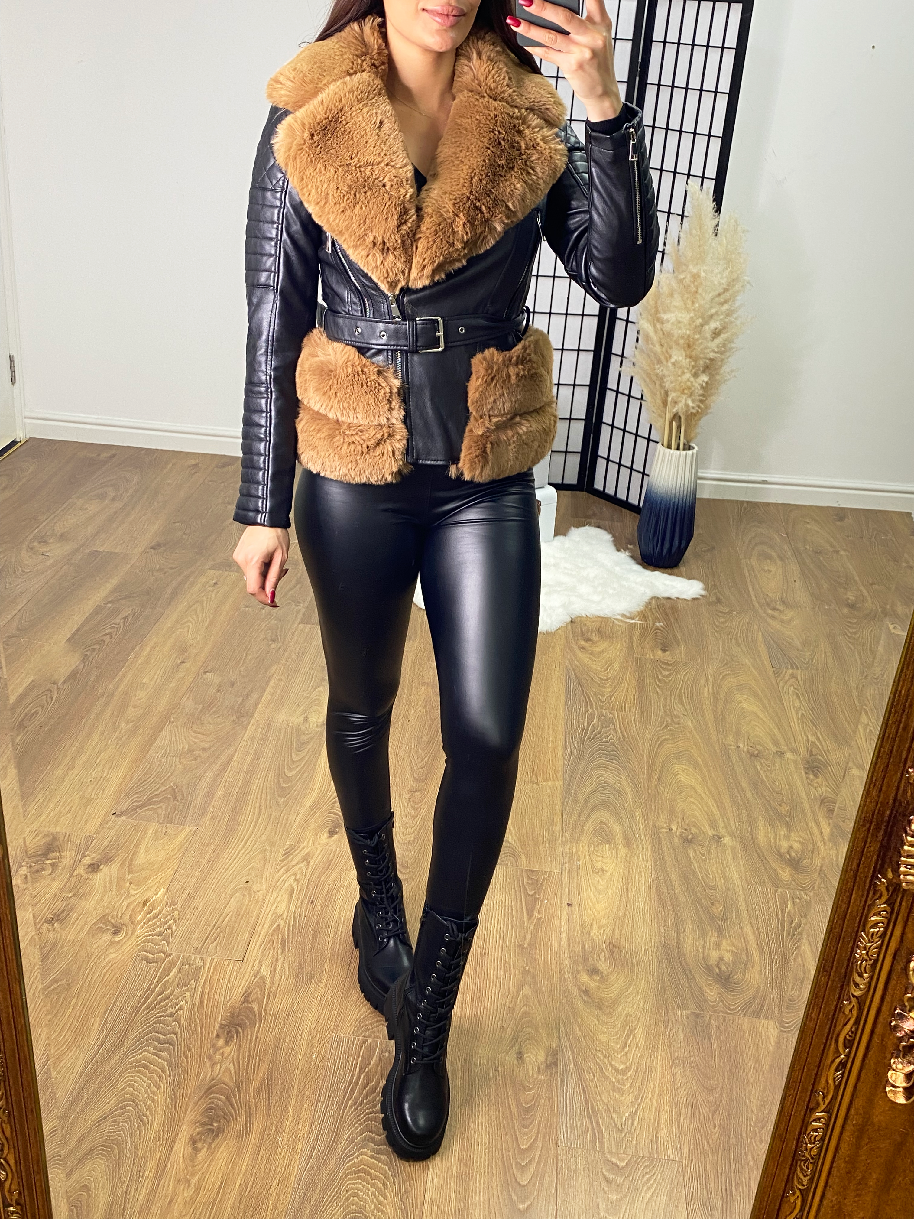 Glendah Faux Leather Tan Faux Fur Belted Jacket