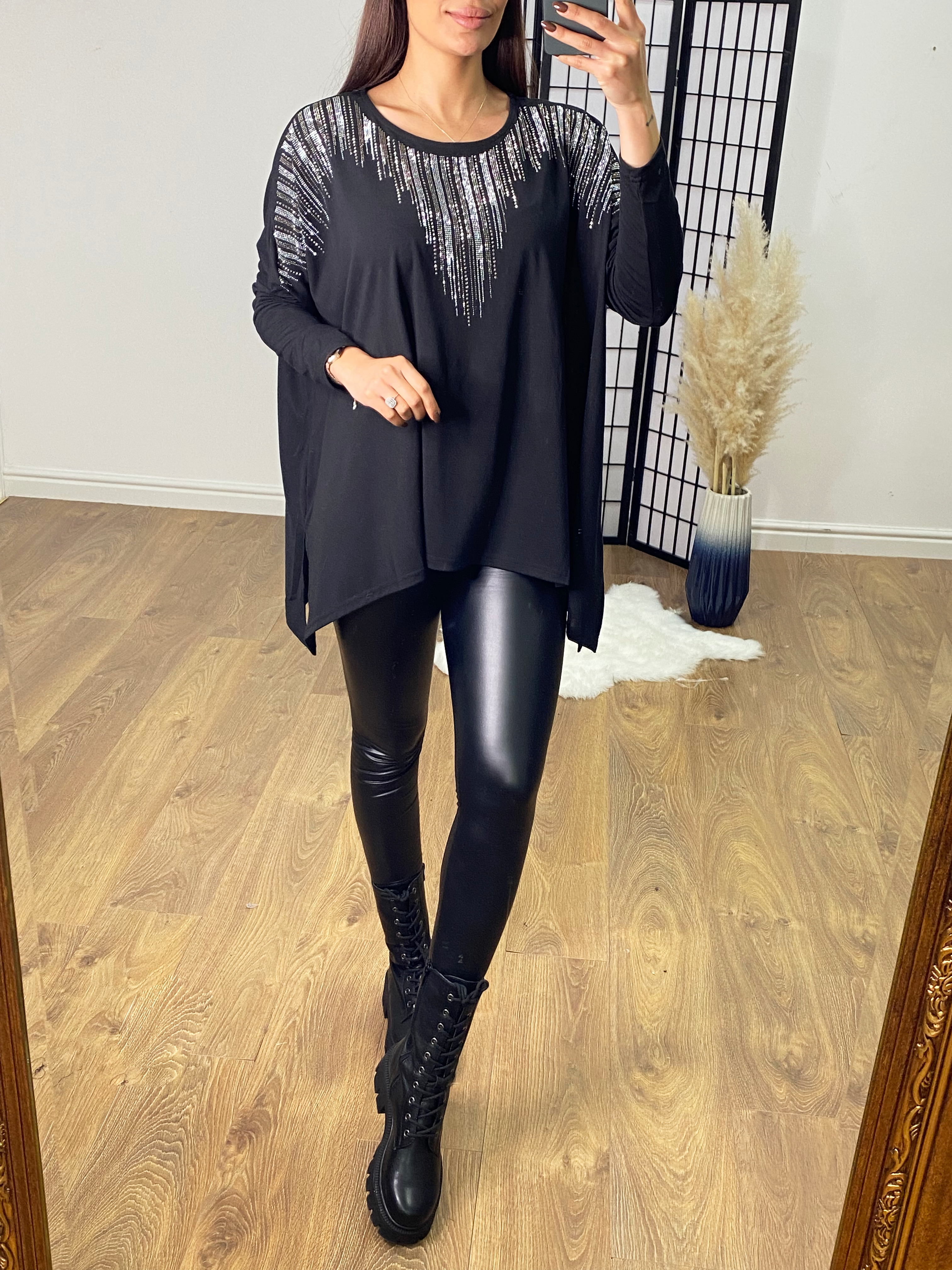 Laser Oversized Ombre Diamante Batwing Top