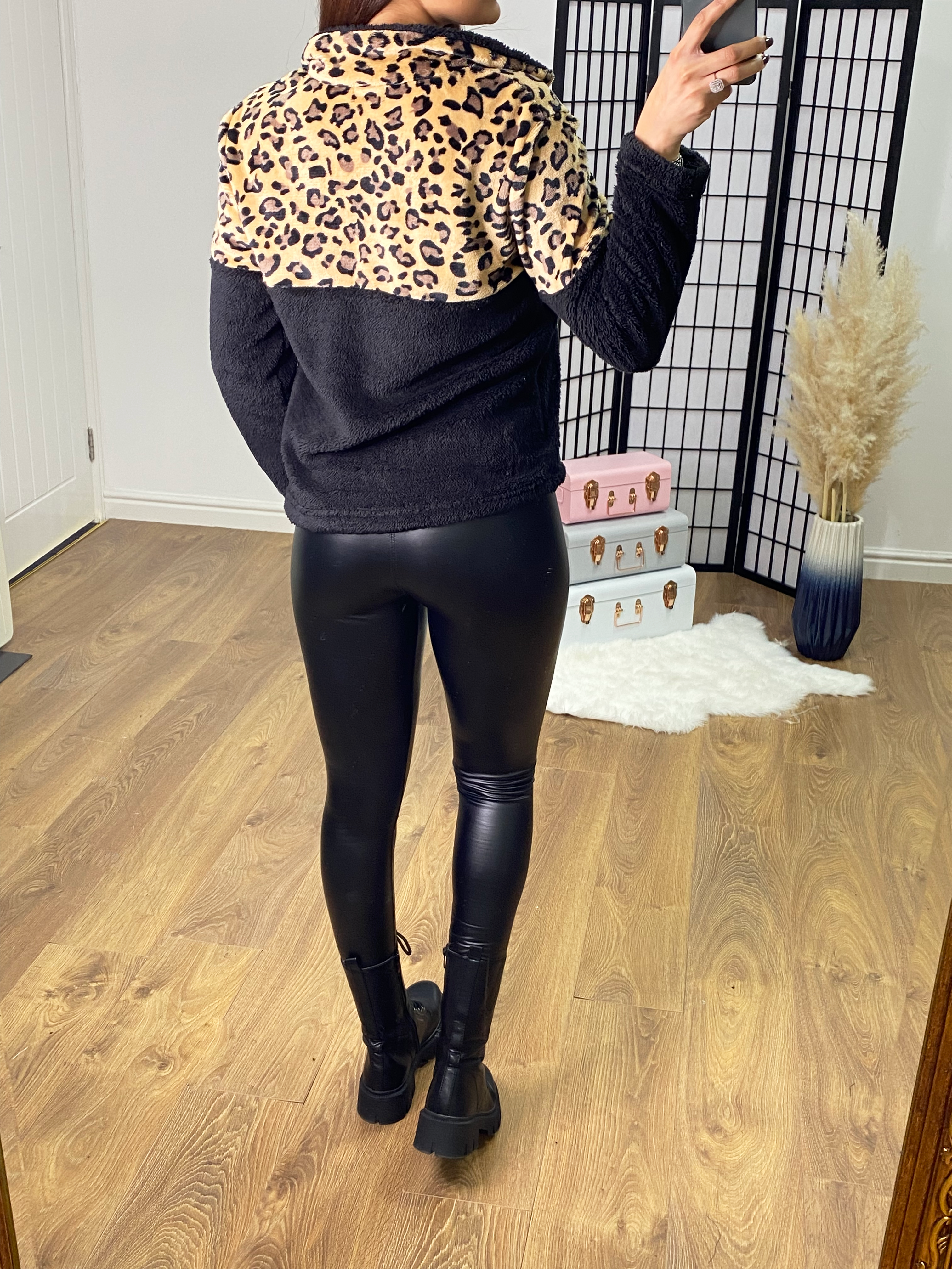 Maren Black Leopard Print Teddy Sweatshirt