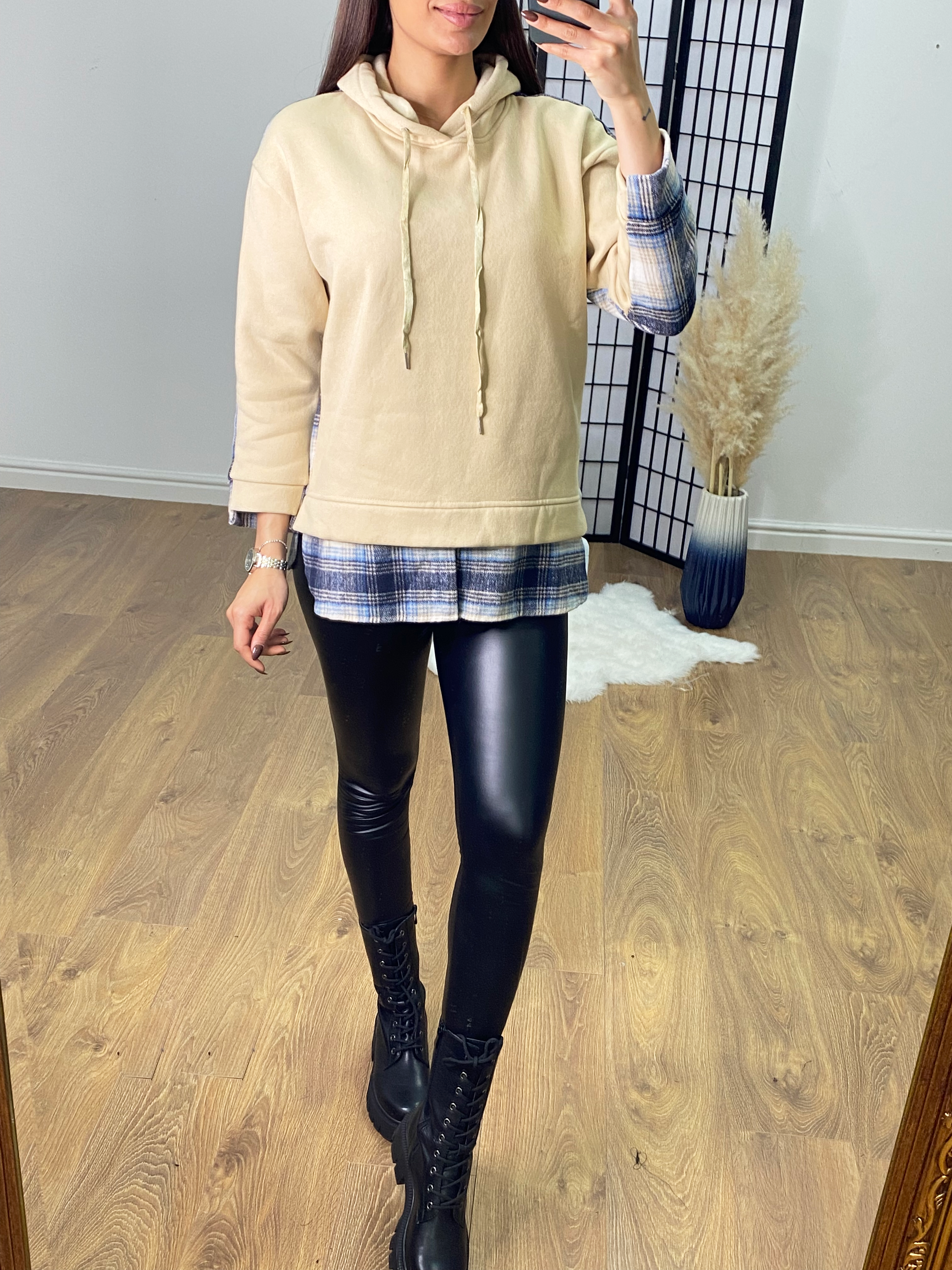Jeneva Oversized Tartan Black Hooded Sweatshirt