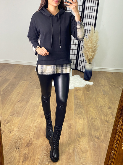 Jeneva Oversized Tartan Black Hooded Sweatshirt