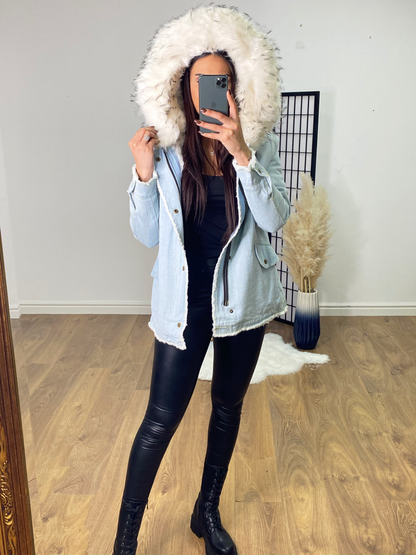 Drew Light Denim White Faux Fur Coat