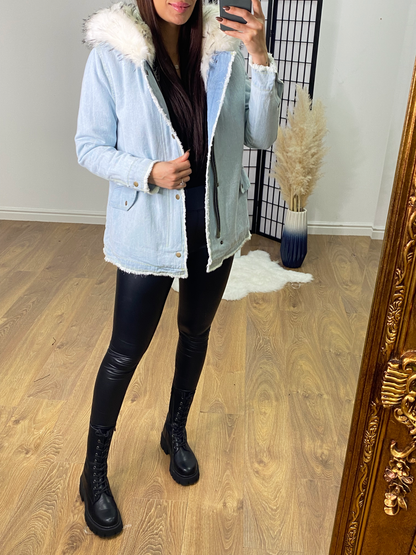 Drew Light Denim White Faux Fur Coat