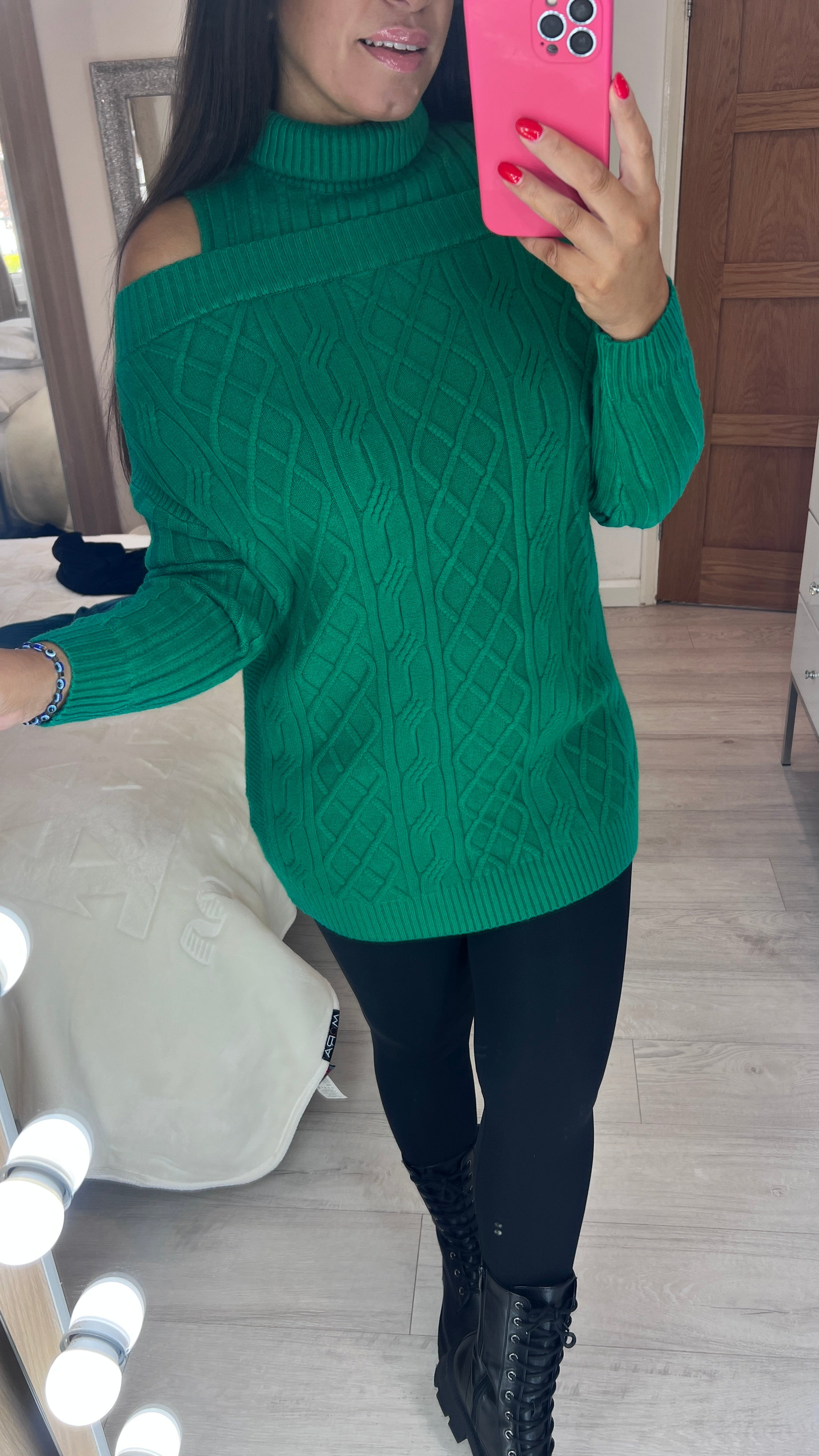 Dilara Cold Shoulder Roll Neck Cable Knit Jumper