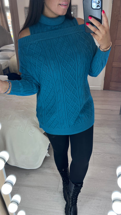 Dilara Cold Shoulder Roll Neck Cable Knit Jumper