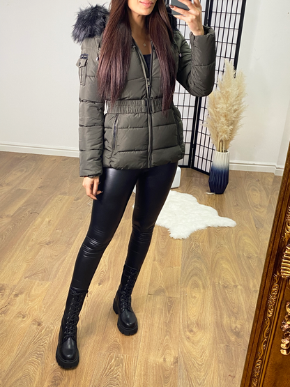 Lucy Khaki Padded Faux Fur Hooded Coat