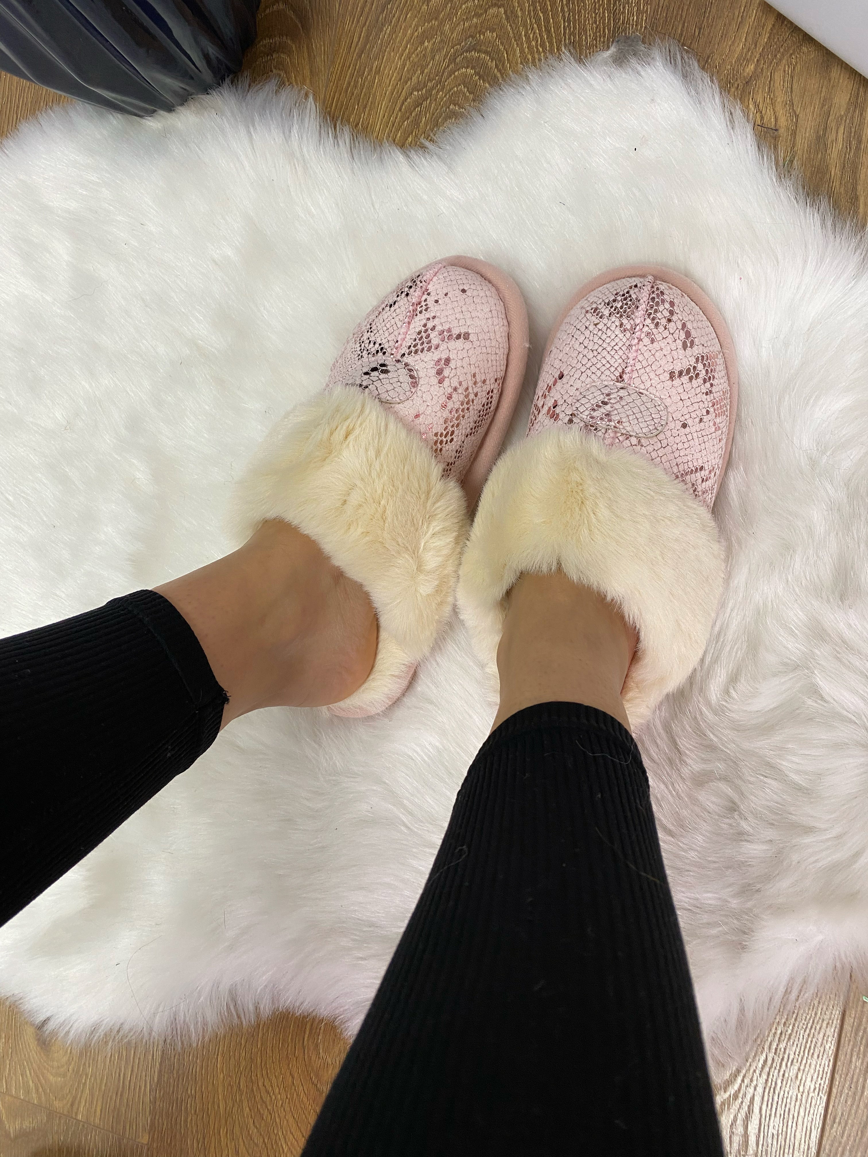 Amalia Faux Fur Lined Metallic Snake Print Slippers