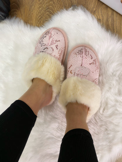 Amalia Faux Fur Lined Metallic Snake Print Slippers