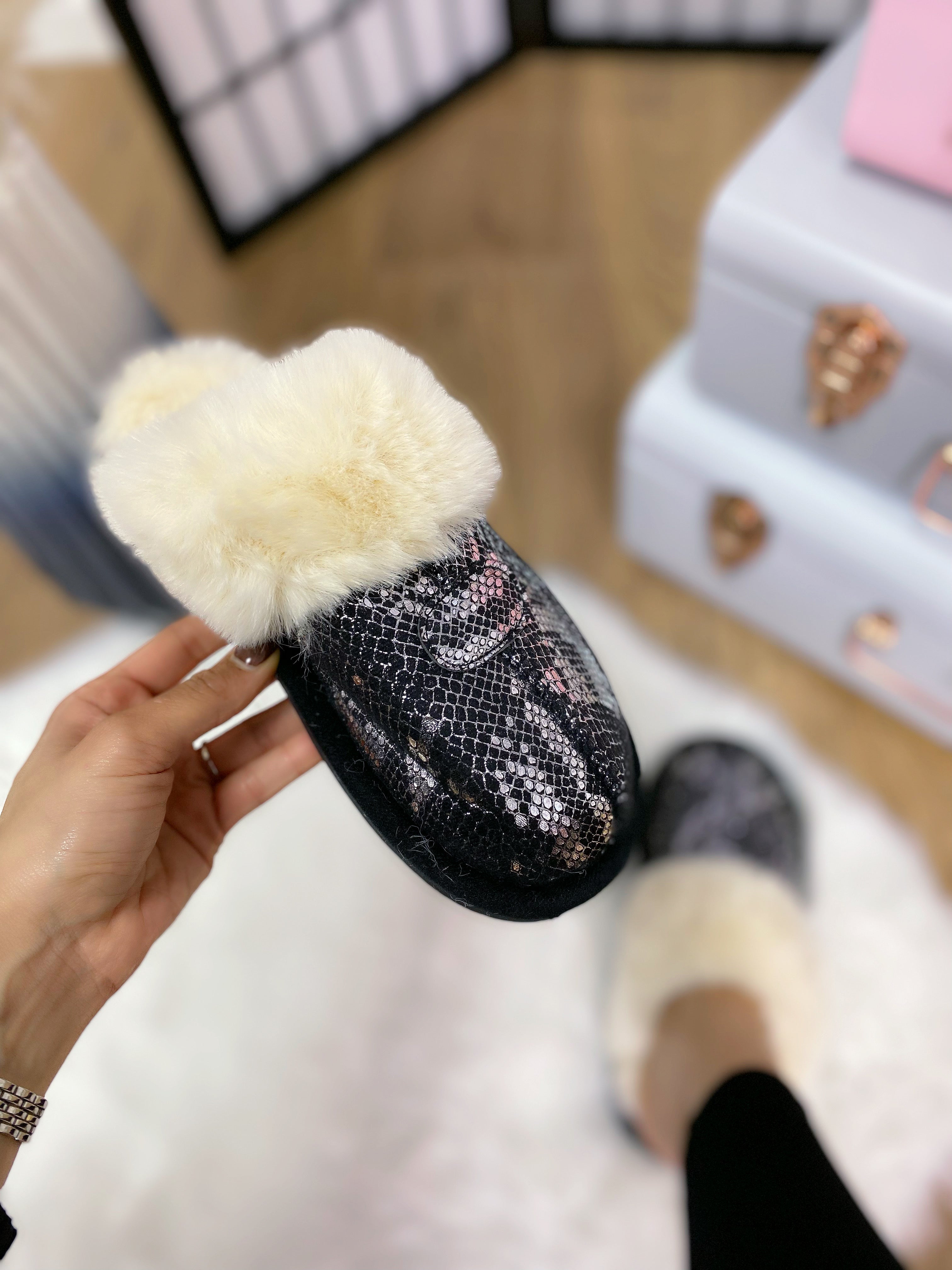 Amalia Faux Fur Lined Metallic Snake Print Slippers