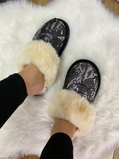 Amalia Faux Fur Lined Metallic Snake Print Slippers
