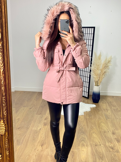 Katalina Pink Faux Fur Tie Waist Hooded Coat