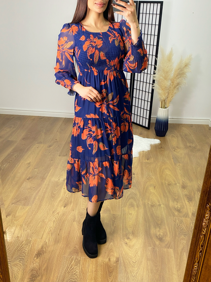 Matena Navy Floral Elasticated Sheer Midi Dress