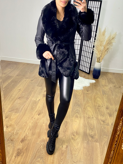 Toril Black Faux Fur Panelled Faux Leather Tie Waist Coat