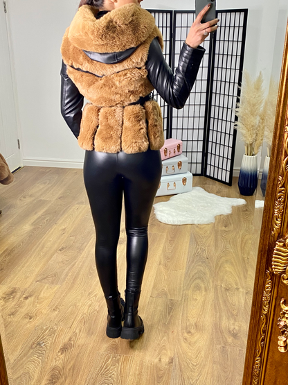 Kynlee Tan Faux Fur Panelled Black Faux Leather Belted Jacket